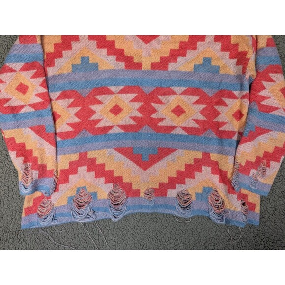 WILDFOX White Label Sweater Aztec Pink Blue Round Neck Size Large Distressed - Picture 5 of 9